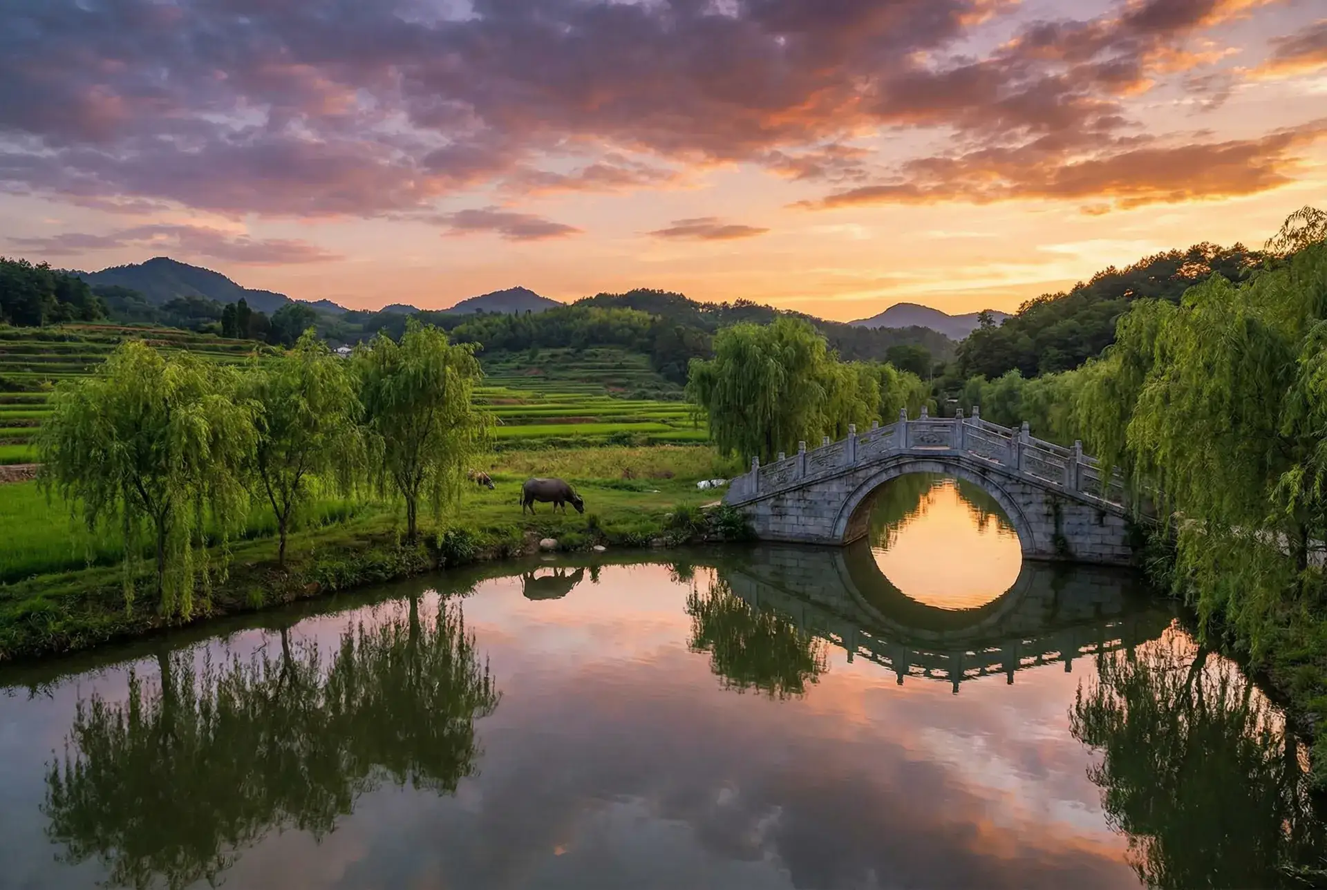 夕阳下的石拱桥与垂柳，水牛在河边吃草 - 转生成蜘蛛又怎样12集在线观看 乡村美景